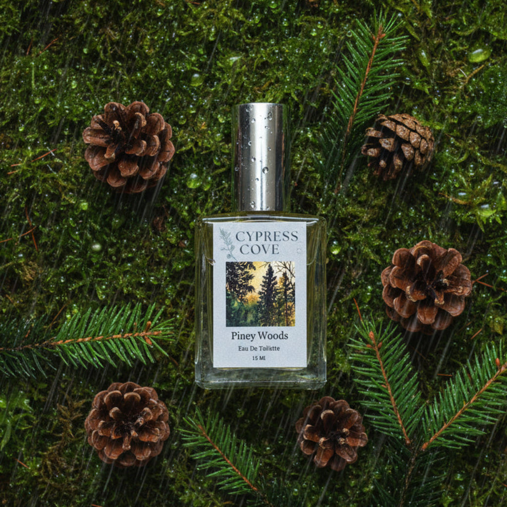 Bottle of Piney Woods 15 mL EDT surrounded by pine branches and moss representing its fresh, grounding forest scent