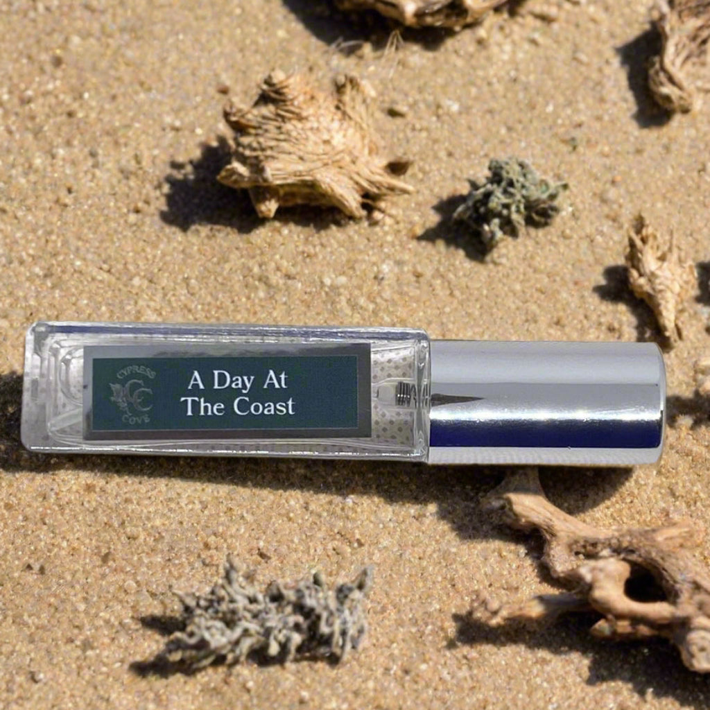 A Day At The Coast 10mL travel spray perfume with sea salt, bergamot, and driftwood notes for a fresh coastal scent
