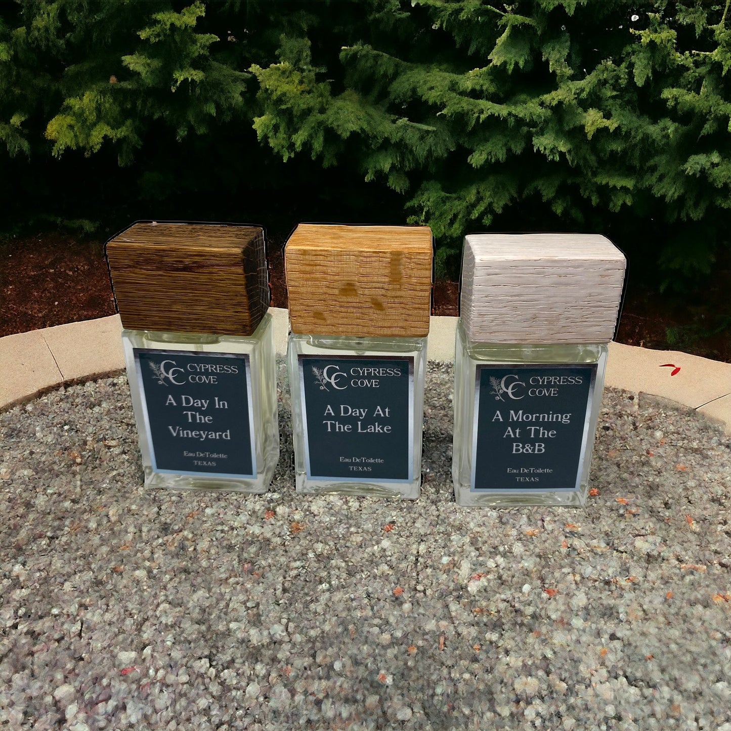 Wholesale Perfume Retail Starter Set - Three bottles with wooden caps, featuring popular fragrances like 'A Day At The Lake,' 'A Day In The Vineyard,' and 'A Morning At The B&B'.