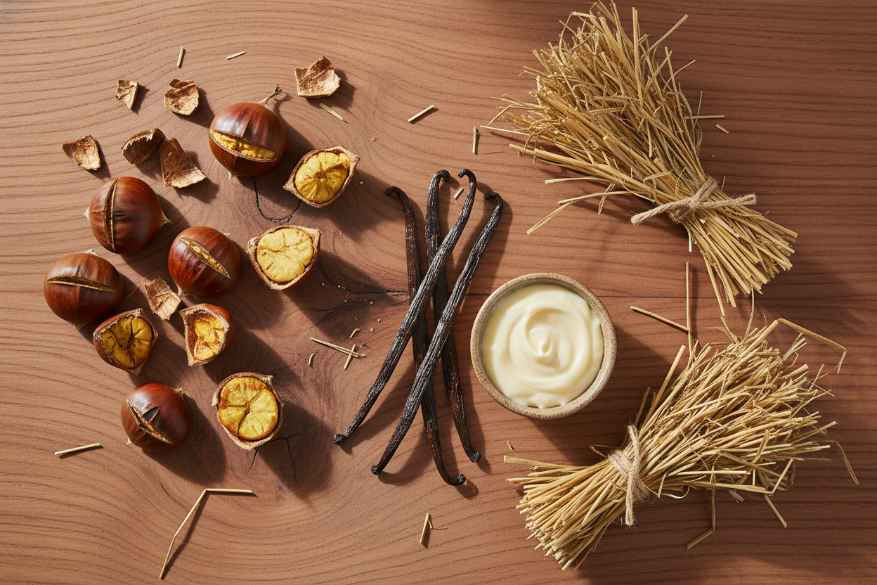 roasted chestnuts, dried hay, creamy vanilla in a flatlay on a cedarwood background