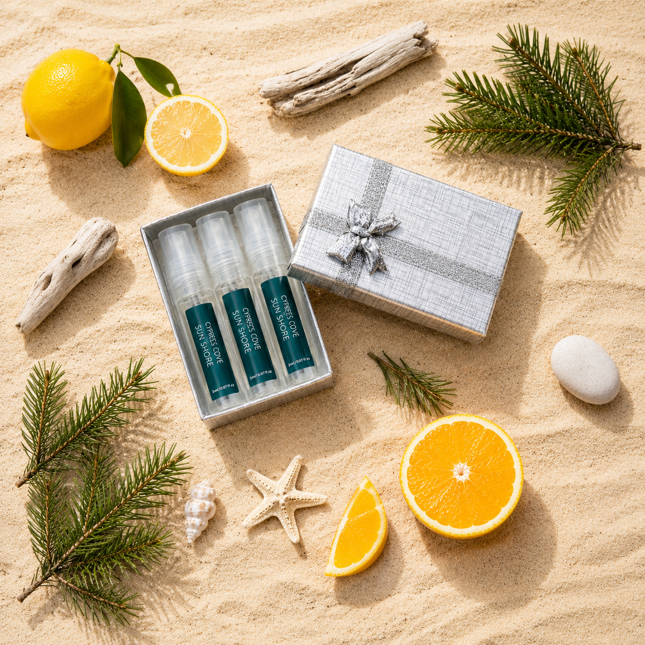 Sun & Shore Discovery Set with three coastal-inspired fragrances from Cypress Cove