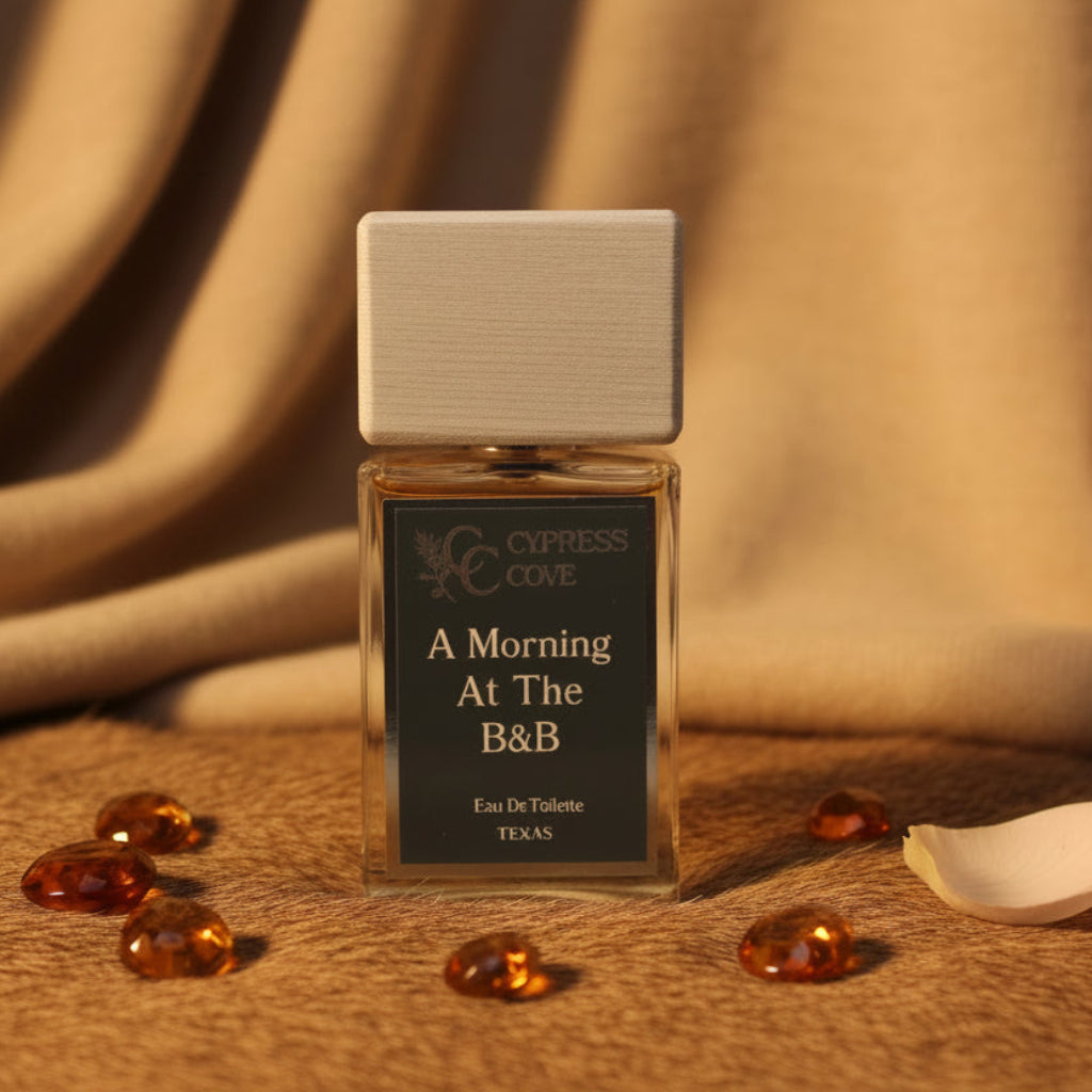 A Morning At The B&B perfume bottle with amber, musk, and soft rose notes evoking cozy, serene mornings
