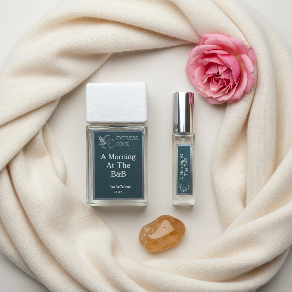 A Morning at The B&B gift bundle with perfume and travel spray on linen