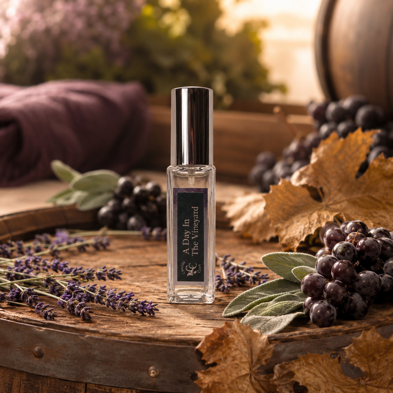 A Day in The Vineyard 10 mL travel spray perfume with herbal notes of sun-warmed grapes, green vines, and warm oak barrels